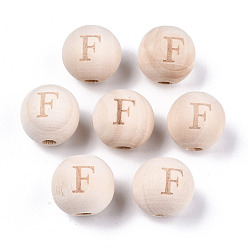 Letter F Unfinished Natural Wood European Beads, Large Hole Beads, Laser Engraved Pattern, Round with Word, Letter.F, 15~16x14~15mm, Hole: 4mm
