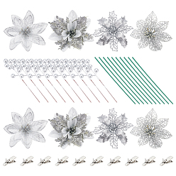 Mixed Color Christmas Theme Decoration 28Pcs Plastic Artificial Flower & Plant, with 36Pcs Iron Floral Wire Stems & Alligator Clips, Mixed Color, 110x36~40mm
