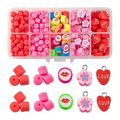 Mixed Color Valentine's Day Themed Handmade Polymer Clay Beads, Column & Flower & Heart, Mixed Color, 340pcs/box