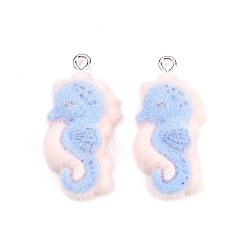 Sea Horse Флокированные подвески из непрозрачной смолы, с железной платиной петлей, голубой, очарование морского конька, 30.5x14.5x8 мм, отверстие : 2 мм