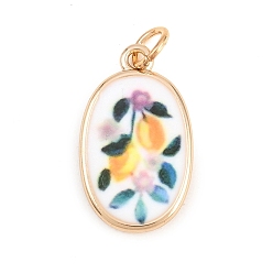 Oval Латунные подвески с принтом, золотые, овальный с подвесками в виде лимонов, 23.5x14x2.4 мм, отверстие : 4 мм