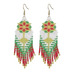 Mixed Color 304 Stainless Steel Dangle Earring, with Seed Glass, Flower, Mixed Color, 90x30mm
