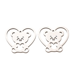 Color de Acero Inoxidable 201 colgantes de acero inoxidable, Corazón hueco con dijes de oso, Corte con laser, color acero inoxidable, 23.5x27x1 mm, agujero: 1.5 mm