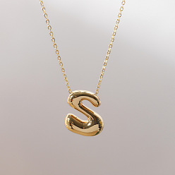 Letter S Brass Chunky Initial Pendant Necklaces, with Stainless Steel Lobster Claw Clasps, Real 14K Gold Plated, Letter S, 17.72~18.90 inch(45~48cm)