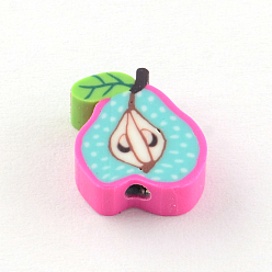 Deep Pink Handmade Pear Polymer Clay Beads, Deep Pink, 11~13x9~10x3~4mm, Hole: 1mm