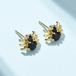 Spider Латунные микро проложить серьги стержня кубического циркония, золотые, паук, 7.5x10 мм