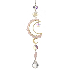 Quartz Rose Attrape-soleil en quartz rose naturel et perles de verre en forme d'étoile, avec breloque soleil et lune en laiton., Décoration murale pour la maison et le jardin, 310mm
