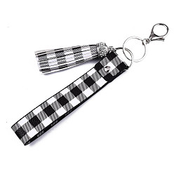 White PU Leather Tassel Keychain, with Rhinestone, Plastic, Alloy Lobster Claw Clasps and Iron Split Key Rings, Tartan Pattern, Platinum, White, 22.7cm