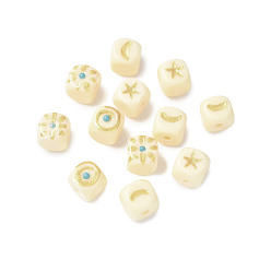 Кремово-белый Куб с солнцем луна звезды натуральные бусины тагуа фурнитура для ювелирных изделий, Гайка бисера, отслеживание золота, кремово-белые, 10x10x9.5 мм, отверстие : 2 мм