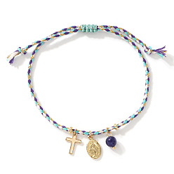 Ляпис-Лазурь Браслеты с подвесками из натурального лазурита и латуни, Регулируемые браслеты для женщин с подвеской в виде креста и Девы Марии., 11.02 дюйм (28 см)