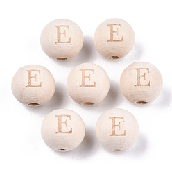 Letter E Unfinished Natural Wood European Beads, Large Hole Beads, Laser Engraved Pattern, Round with Word, Letter.E, 15~16x14~15mm, Hole: 4mm