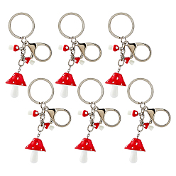 Platinum 6Pcs Opaque Resin Mushroom Keychains, with Zinc Alloy Lobster Claw Clasps and Split Key Rings, Platinum, 100mm