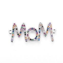 Platinum Mother's Day Theme, Brass Micro Pave Cubic Zirconia Links, Mom, Colorful, Platinum, 13.5x33.5x2mm, Hole: 1.2mm