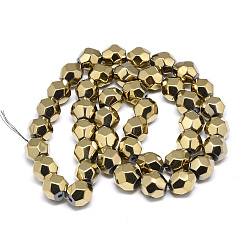 Light Gold Plated Electroplate Non-magnetic Synthetic Hematite Beads Strands, Faceted Round, Light Gold Plated, 8x8x7.5mm, Hole: 1mm, about 50pcs/strand, 15.7 inch