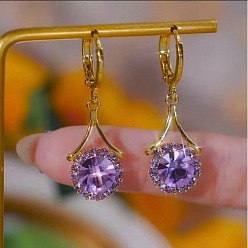 Tanzanite Alloy Rhinestone Hoop Dangle Earrings for Women, Round, Golden, Tanzanite, 30mm