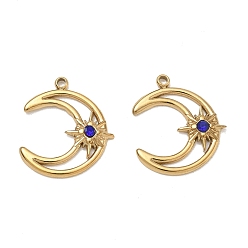 Real 18K Gold Plated 304 Stainless Steel Rhinestone Pendants, Moon with Star Charms, Ion Plating(IP), Real 18K Gold Plated, 18.5x16x2.5mm, Hole: 1.5mm