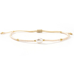 BlanchedAlmond Pulseras trenzadas con cuentas de vidrio y perlas de imitación., Pulseras de cordón de nailon trenzado ajustables para mujer, columna, almendra blanqueada, 11.02 pulgada (28 cm)