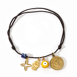 Черный 304 Браслеты с подвесками из нержавеющей стали и смолы, плетеные браслеты из нейлонового шнура для женщин, Хамса в виде руки, сглаз, крест и плоский круглый символ со святым Бенедиктом., чёрные, 11.02 дюйм (28 см)