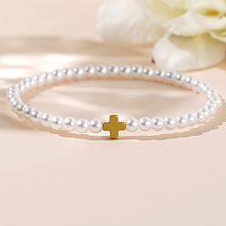 Пластиковый Минималистичные эластичные браслеты с крестиками из искусственного жемчуга и латуни., внутренний диаметр: 6.89 дюйм (17.5 см)