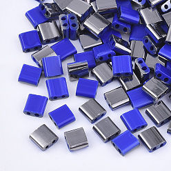 Blue FGB 2-Hole Glass Seed Beads, Half Gunmetal Plated Colours, Square, Blue, 5x4.5~5.5x2~2.5mm, Hole: 0.5~0.8mm, about 1180pcs/bag