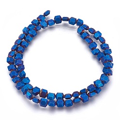 Blue Plated Electroplated Non-magnetic Synthetic Hematite Beads Strands, Frosted, Hexagon, Blue Plated, 6x6x3mm, Hole: 1mm, about 72pcs/strand, 15.94 inch(40.5cm)