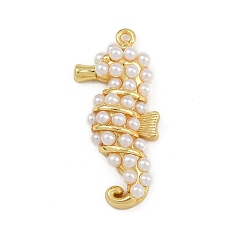 Настоящее золото 18K Подвески из искусственного жемчуга в виде морского конька из латуни и АБС-пластика, стойки покрытие, долговечный, без кадмия и без свинца, реальный 18 k позолоченный, 32x14x6 мм, отверстие : 1.2 мм