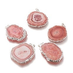 Коралловый Кулоны с кристаллами солнечного кварца из окрашенных природных друзов, окантовка, с латунной поручительств, подсолнечник, серебряные, коралл, 40~50x30~45x5~6 мм, отверстие : 4x6 мм