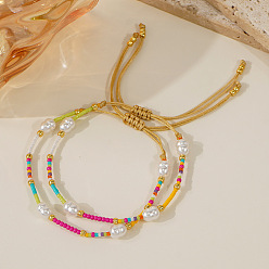 Colorido 2Pulseras trenzadas con cuentas de vidrio y perlas de imitación, Pulseras ajustables de hilo de nailon trenzado para mujer, colorido, 11.02 pulgada (28 cm)