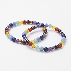 Mixed Color Chakra Jewelry, Gemstone Stretch Bracelets, with 304 Stainless Steel Smooth Round Beads, Mixed Color, 2 inch(52mm)