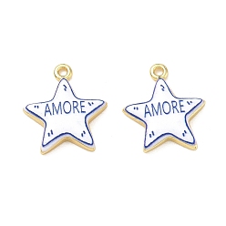 Real 18K Gold Plated Printed Brass Pendants, Star with Word Amore Charms, Rack Plating, Long-Lasting Plated, Lead Free & Cadmium Free, Blue, Real 18K Gold Plated, 21.5x18.5x3.5mm, Hole: 1.7mm