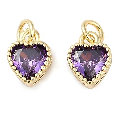 Фиолетовый Настоящие 18 подвески из позолоченной латуни с инкрустацией из кубического циркония, с целью перехода в кольце, долговечный, сердце, фиолетовые, 9.5x7x4 мм, Перейти кольцо: 4x0.5 мм, 2.5 мм внутренним диаметром