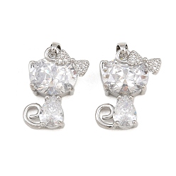 Platine Pendentifs en zircone cubique clair en laiton, forme de chat avec des breloques en forme de nœud papillon, platine, 19x14x7mm, Trou: 5x2.5mm