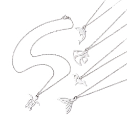 Нержавеющая Сталь Цвет Не тускнеющие подвески на морскую тематику, 304 из нержавеющей стали кабель цепи ожерелья, черепаха, рыба, кит, рыбий хвост, цвет нержавеющей стали, 17.72 дюйм (45 см)