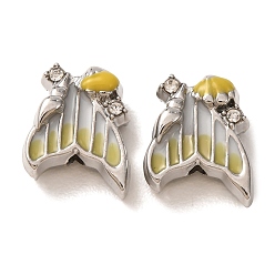 Amarillo Colgantes de la aleación del esmalte, Cola de pez con dijes en forma de concha, con diamantes de imitación de cristal, Platino, amarillo, 13x11.5x6.5 mm, agujero: 1.8 mm