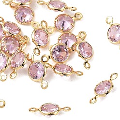 Pink SHEGRACE Brass Pave Cubic Zirconia Flat Round Connector Charms, Cadmium Free & Nickel Free & Lead Free, Long-Lasting Plated, Real 18K Gold Plated, Pink, 11x6x3mm, Hole: 1mm
