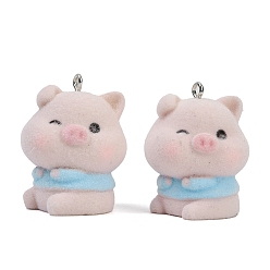 Розовый Кулоны из флокированной смолы, свинья, с железной платиной петлей, туманная роза, 30x23x20 мм, отверстие : 2 мм