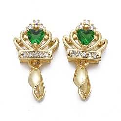 Real 18K Gold Plated Brass Micro Pave Cubic Zirconia Ice Pick Pinch Bails, Long-Lasting Plated, Crown, Green & Clear, Real 18K Gold Plated, 19x10.5x7mm, Hole: 2x4mm, Pin: 0.7mm.