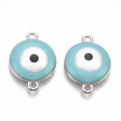 Темно-бирюзовый Соединители звеньев сплава, с эмалью, плоские круглые с сглаза, платина, темные бирюзовый, 22x16x4.5 мм, отверстие : 1.5 мм