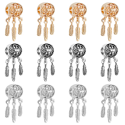 Mixed Color Alloy European Beads, Large Hole Beads, with CCB Plastic Feather Charms, Woven Net/Web with Feather, Mixed Color, 27.5x10.5x9mm, Hole: 5mm, Charm: 15x3.5x1.5mm, 3 colors, 8pcs/color, 24pcs/box