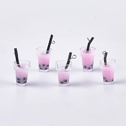 Бледно-Розовый Пластиковые чашки подвески, со смолой внутри и железными находками, имитация пузырчатого чая, розовый жемчуг, 23~28x13~17x13 мм, отверстие : 1.8 мм