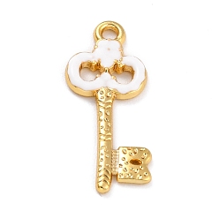 White Golden Alloy Enamel Pendants, Long-Lasting Plated, Key, White, 27x12x2mm, Hole: 1.8mm