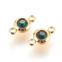 Emerald 304 Stainless Steel Rhinestone Links connectors, Flat Round, Golden, Emerald, 12x6.5x4mm, Hole: 2mm
