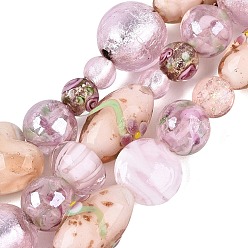 Pearl Pink Handmade Foil Glass with Gold Sand Lampwork Beads Strands, Inner Flower, Mixed Shapes, Pearl Pink, 6~37x7~28x5~21mm, Hole: 0.7~2mm, about 23~29pcs/strand, 13.58~14.76 inch(34.5~37.5cm)