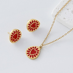 Red 304 Stainless Steel Enamel Heart Flower Pendant Necklace & Stud Earrings Set for Women, Golden, Red, 450mm