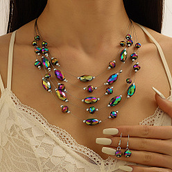 Разноцветный Комплекты из ретро-сплава, смолы, подвесных серег и многослойных ожерелий, богемный стиль, красочный, Серьги: 28x10 mm