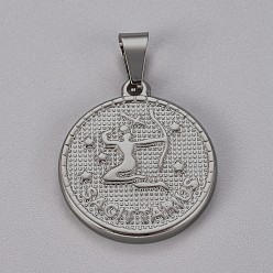 Stainless Steel Color 304 Stainless Steel Pendant Sets, Flat Round with Twelve Constellation/Zodiac Sign, Stainless Steel Color, 29x25x3.2mm, Hole: 9x4.5mm, 12pcs/set