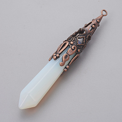 Opalite Opalite Pointed Pendants, with Red Copper Tone Brass Findings, Bullet, 76~82x12mm, Hole: 2mm
