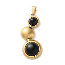Black Onyx Подвески из натурального черного оникса (окрашенные и нагретые), 304 из нержавеющей стали плоские круглые прелести, ионное покрытие (ip), золотые, 35.5x15x6~7 мм, отверстие : 5x3 мм