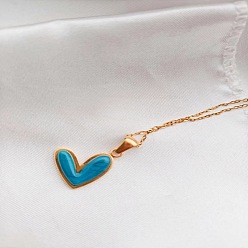 Темно-бирюзовый 304 Женские ожерелья с подвеской в форме сердца из нержавеющей стали и смолы, золотые, темные бирюзовый, 17.72 дюйм (45 см)