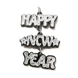 Белый Дым Подвески из смолы, с платиновой железной петлей и пудрой с блестками, С Новым годом!, серый, 49.5x31.5x4.5 мм, отверстие : 5.5 мм